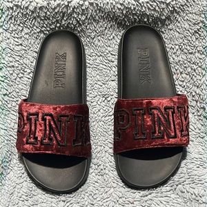 Worn P.I.N.K slides burgundy red size 4 slides